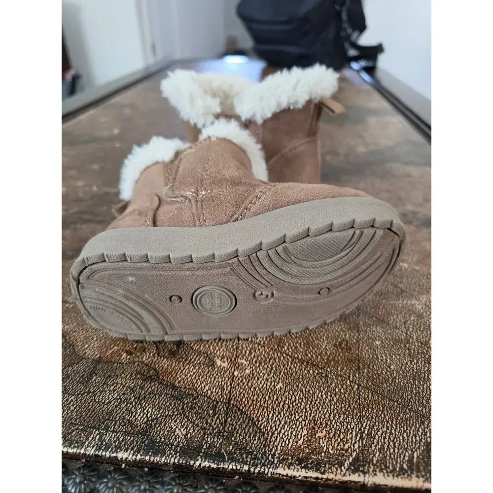 Baby Faux Suede Bootie Boots Faux Fur Lined Trim Bow Slip On Brown/White 5